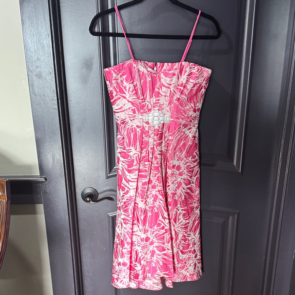 Pamella Roland Strapless Dress in Pink and White